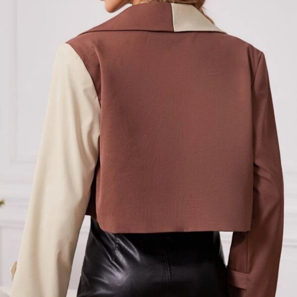 Contemporary Two Tone Colorblock Double Breasted Trench Coat - Picture 4 of 5